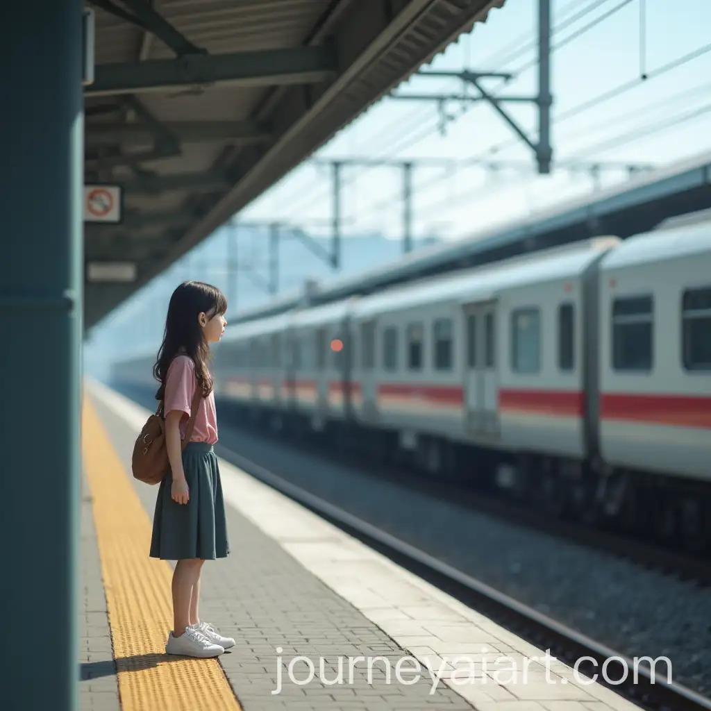 Girl-Observing-Train-at-a-Japanese-Railway-Station