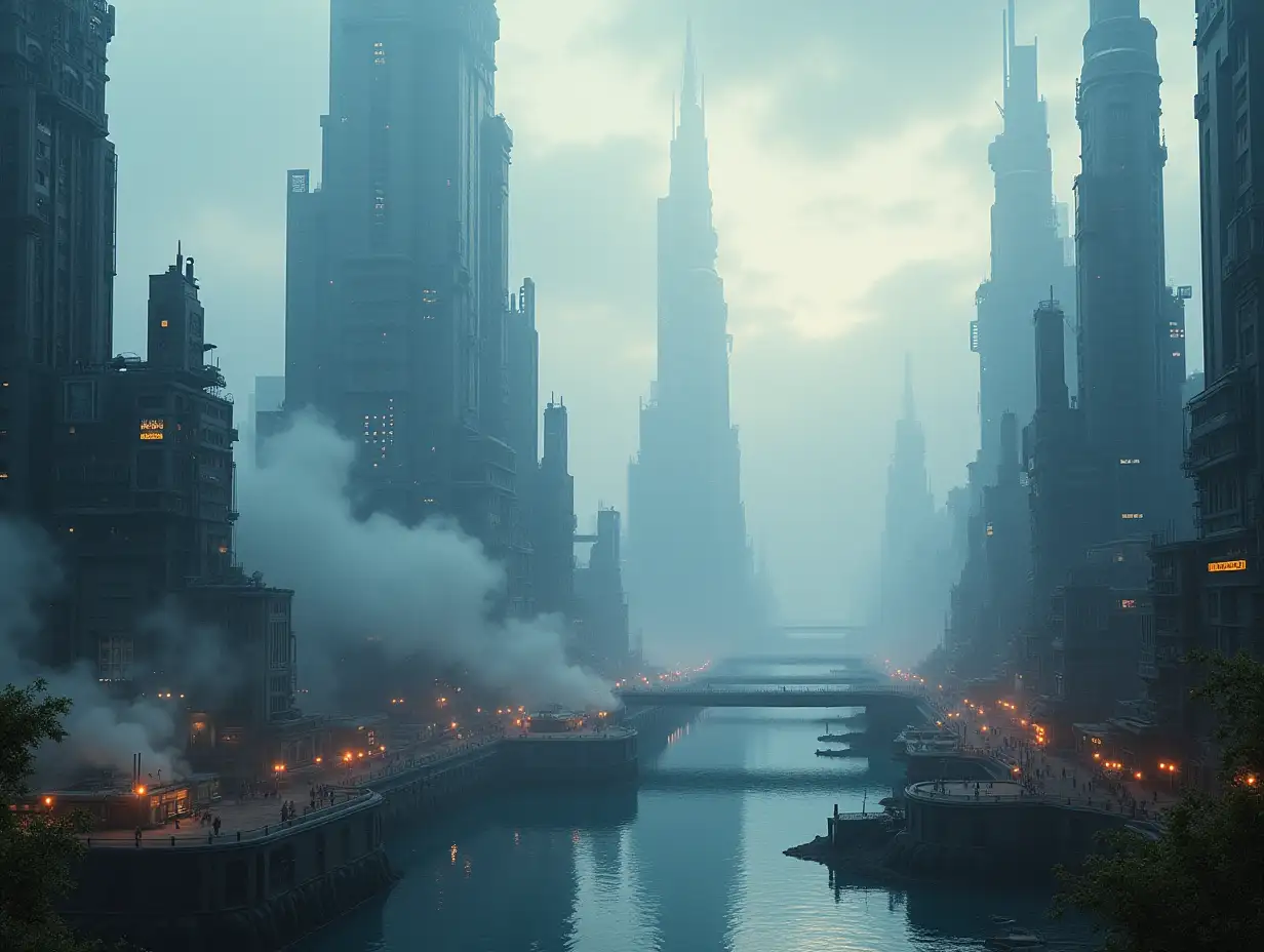 science fiction city on a day slightly cloudy with 4K resolution