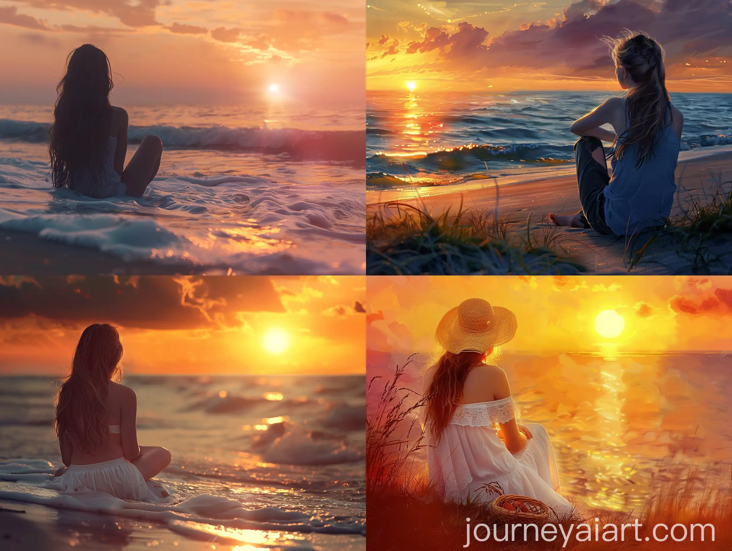 Serene-Woman-Watching-Sunset-on-Seashore