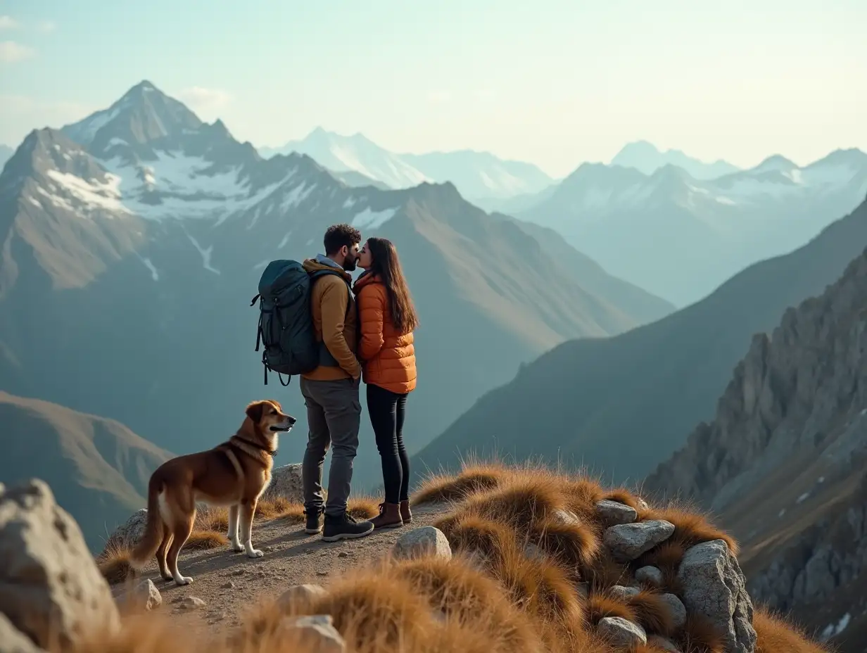 hiker couple kissing upon reaching the top of the mountain. two mountaineers hiking in the mountains with their dog. outdoor sports.