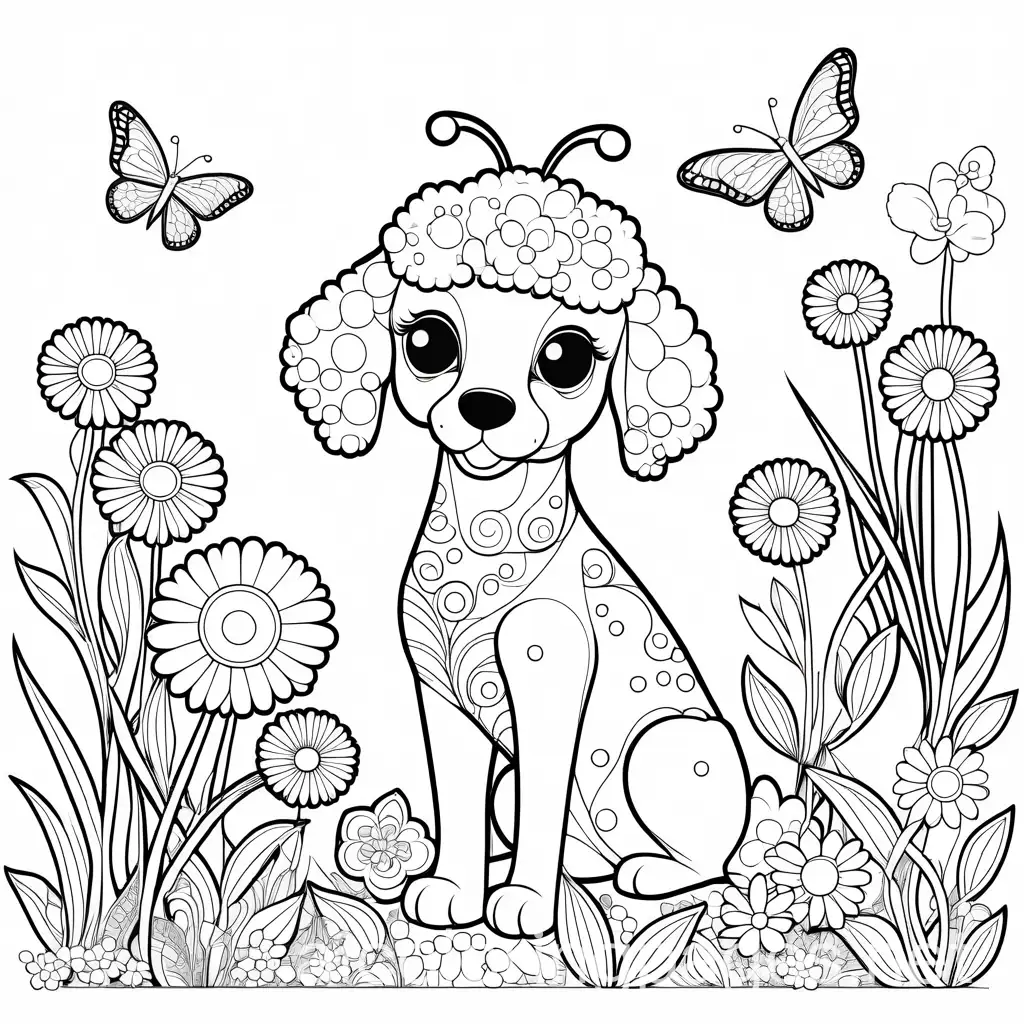 Alien-Poodle-Watching-Butterflies-in-Flower-Patch-Coloring-Page