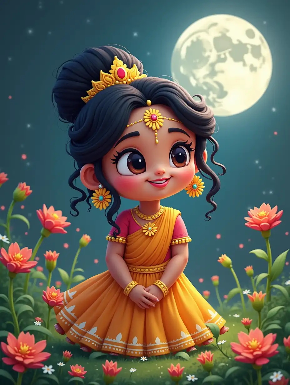 3d pixel dysney Princess Tulasi, who every day does a flower worship. One day the flower was not there and it had wilted, then the moon made her eyes blush. From then on, her eyes started to laugh like the flower.
