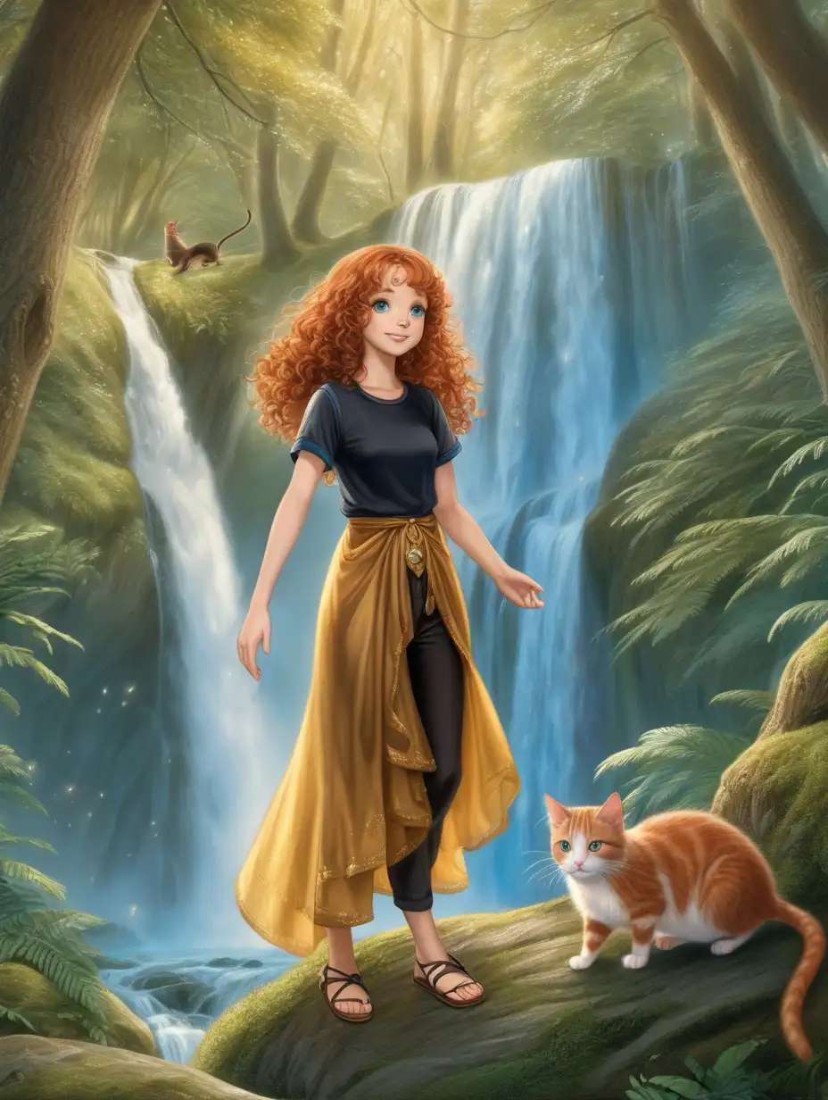 Magical-European-Forest-with-Waterfall-Girl-and-Woman-with-Brown-Curly-Hair-and-Animals