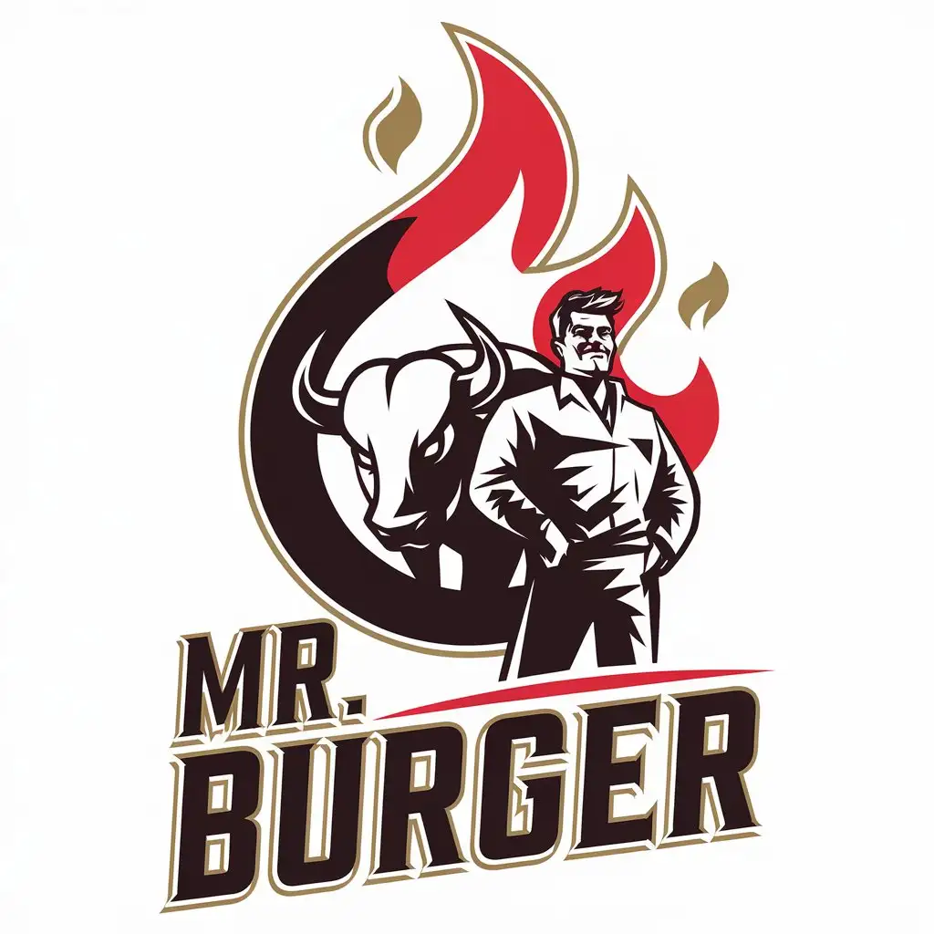 a vector logo design,with the text "Mr Burger", main symbol:Design a bold and dynamic logo for 'Mr Burger,' incorporating strong imagery like a stylized flame or a bull to symbolize grilling and strength. The central character could be 'Mr Burger,' represented as a confident figure standing beside or riding a stylized bull, with subtle flame accents around him to evoke the grilling process. Use bold, contrasting colors like black, red, and gold to create a striking visual impact. The font for 'Mr Burger' should be bold, modern, and slightly rugged, emphasizing the premium, fiery, and hearty nature of the burgers. The overall feel should be strong, energetic, and inviting.,complex,be used in Restaurant industry,clear background