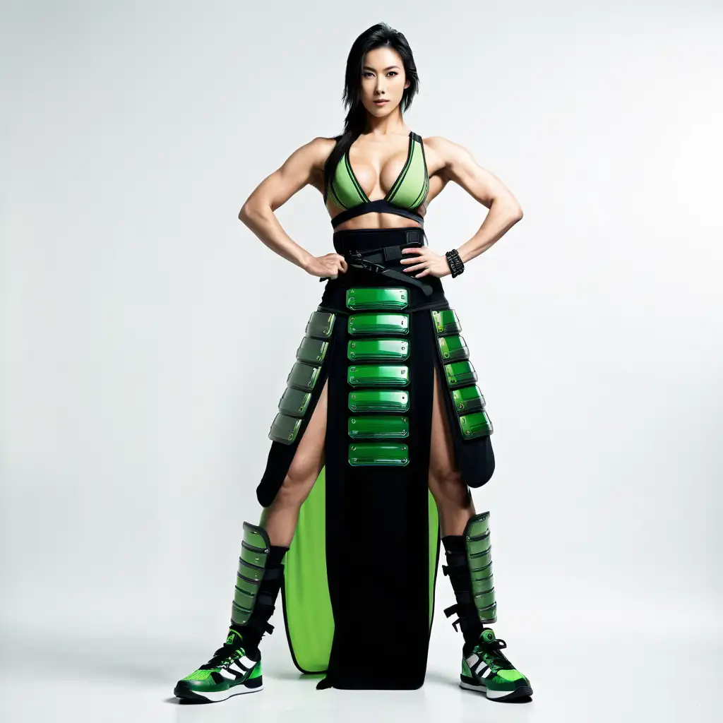 Japanese Woman Bodybuilder in Green Samurai Armor