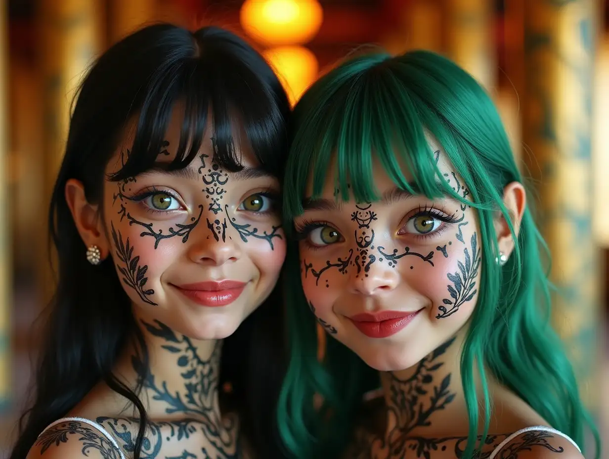 Two young girls with black and white pattern, alien face, with green hair, with a slight smile on their faces, highlighting their smiles, modern retro jewelry, in a temple with much gold in various shades 4k