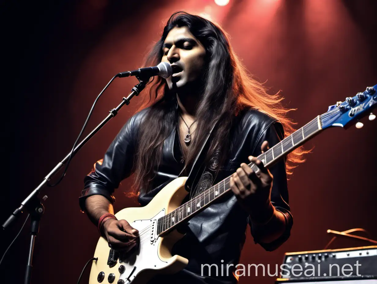 Indian Guitarist Performing Live with Electric Guitar and Dynamic Microphone