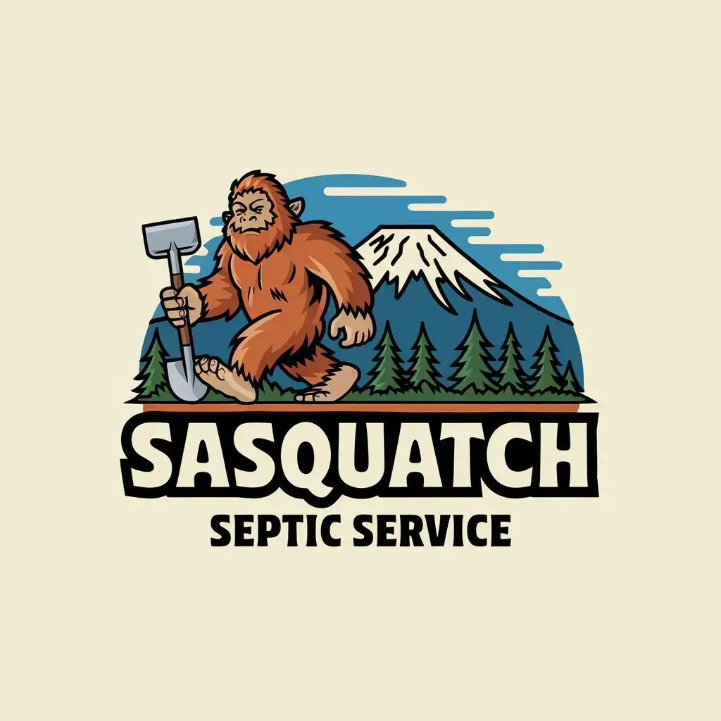 LOGO Design for Sasquatch Septic Service Vector Logo Featuring Sasquatch and Mount St Helens in Super Mario Brothers Style