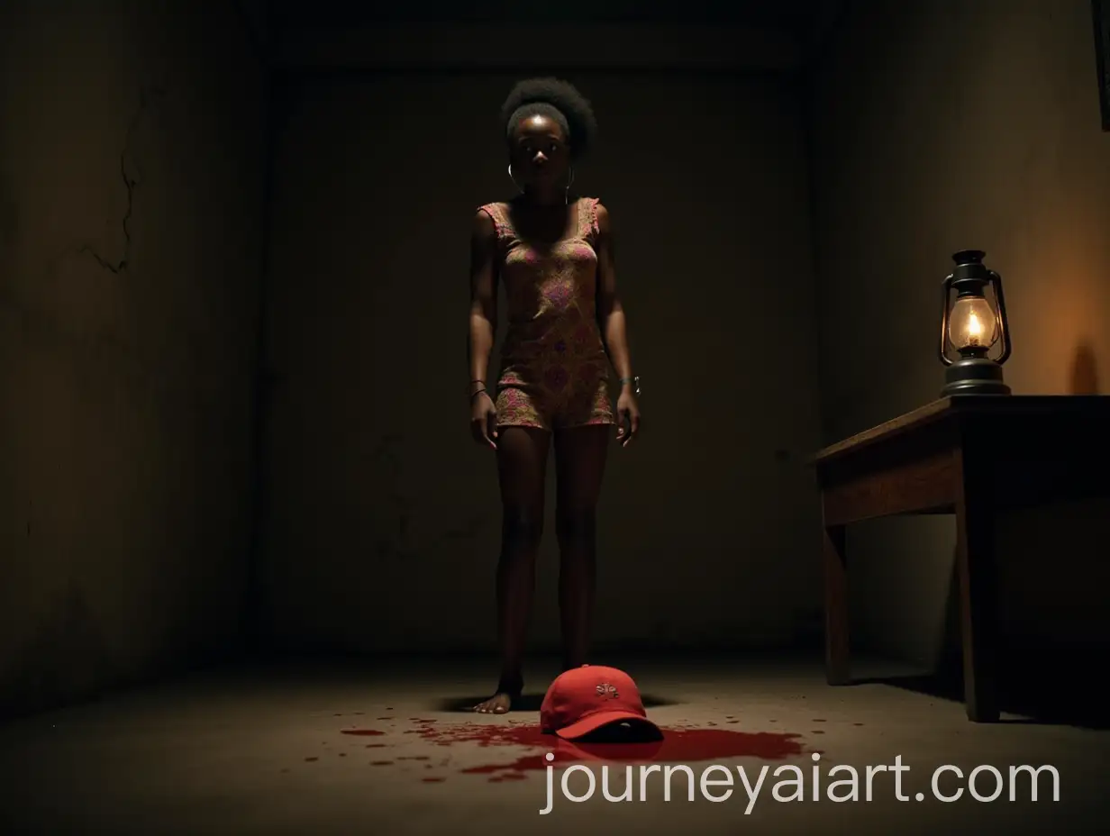 Young-Nigerian-Woman-Staring-at-BloodSoaked-Cap-in-Dimly-Lit-Room