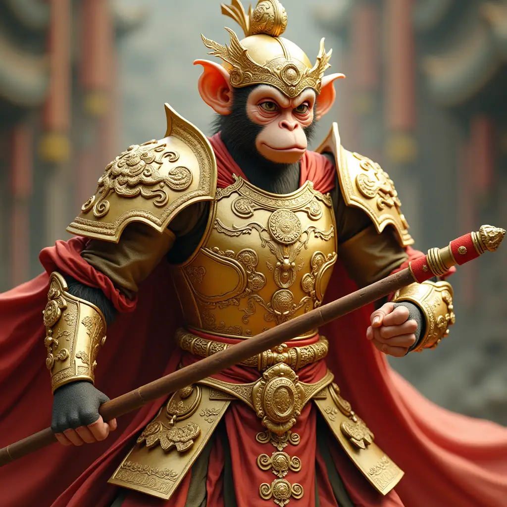 Monkey, holding a stick, Color and material: usually gold, symbolizing dignity and power. The armor shines with luster, showing its sacredness and extraordinary. The armor is engraved with exquisite dragon or cloud patterns, symbolizing the power of Sun Wukong and his celestial background. The shoulder armor, chest armor and waist armor are very thick, and the design not only protects the body but also enhances the sense of majesty. Usually equipped with a golden helmet, which may have phoenix feathers or other symbolic decorations. Sometimes paired with a red or golden cape to increase the sense of momentum, the cape flutters in the wind, symbolizing Sun Wukong's free and unrestrained character. The overall appearance is majestic, with both the might of a general and the agility and domineering of the Monkey King.