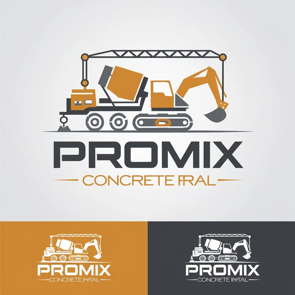 LOGO Design for PROMIX Construction Equipment Rental with Concrete Mixer Excavator and Crane Elements in Orange Gray and Black