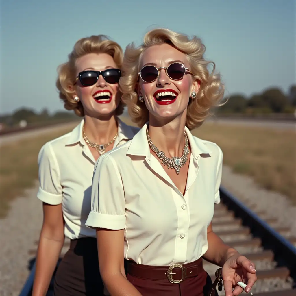 Rita Hayworth and marlyn monroe, wearing an white pilot shirt, laughing with her mouth open, red lipstick accentuating her smile, jewerly, aviator sunglasses, white skin, whip in hand, smoking cigarette, walking on rails, australia