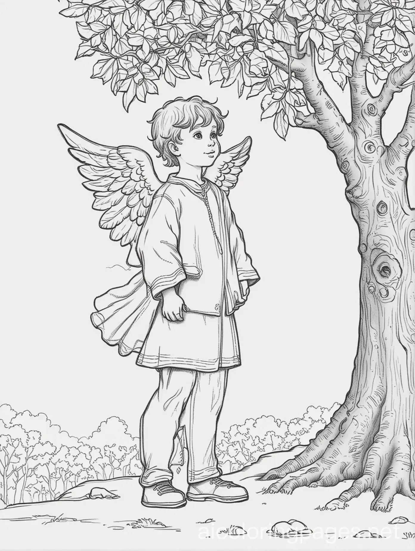 Angel-Boy-Coloring-Page-Standing-by-Tree-Black-and-White-Line-Art