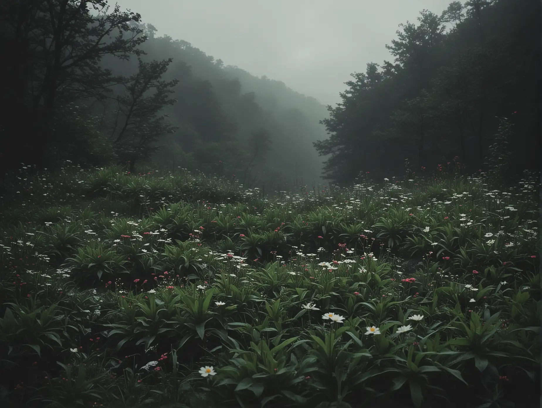 dark appalachia landscape, full of blooming plants revitalizing the environment, cinematic aesthetic, diffused lighting, cinematic style, ethereal atmosphere, cellphone footage, 55mm lens, grainy noise