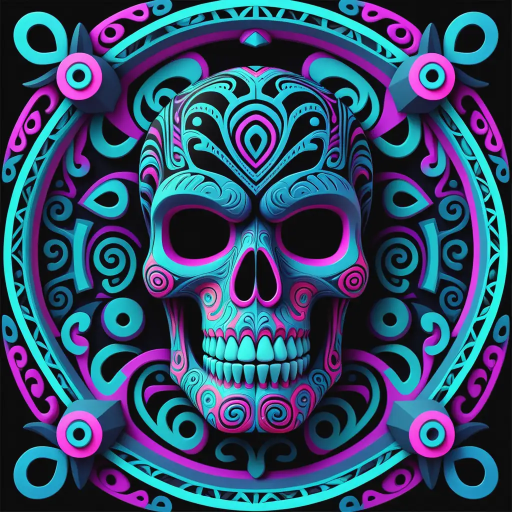 Vibrant Maori Pattern Design Featuring a Skeleton Face