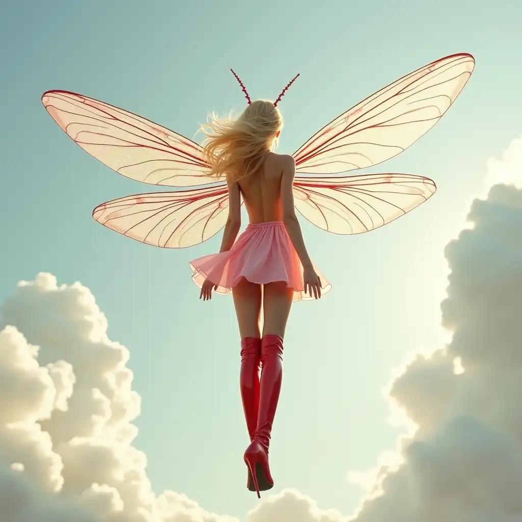 A back view of a fairy with blonde hair, beige skin, and insect antennaes. She has large, long, gigantic, transparent, shiny, iridescent, sparkling dragonfly wings. These wings grow from the center of the bare back. She is wearing a pink latex dress and red latex thigh-high stiletto boots. The fairy is flying in the sky between clouds. Her head is turned to the side. Hands are raised up.