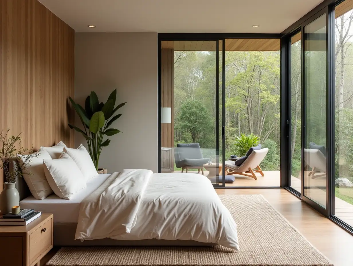 Harmonious Modern Bedroom with Biophilic Design and Natural Elements