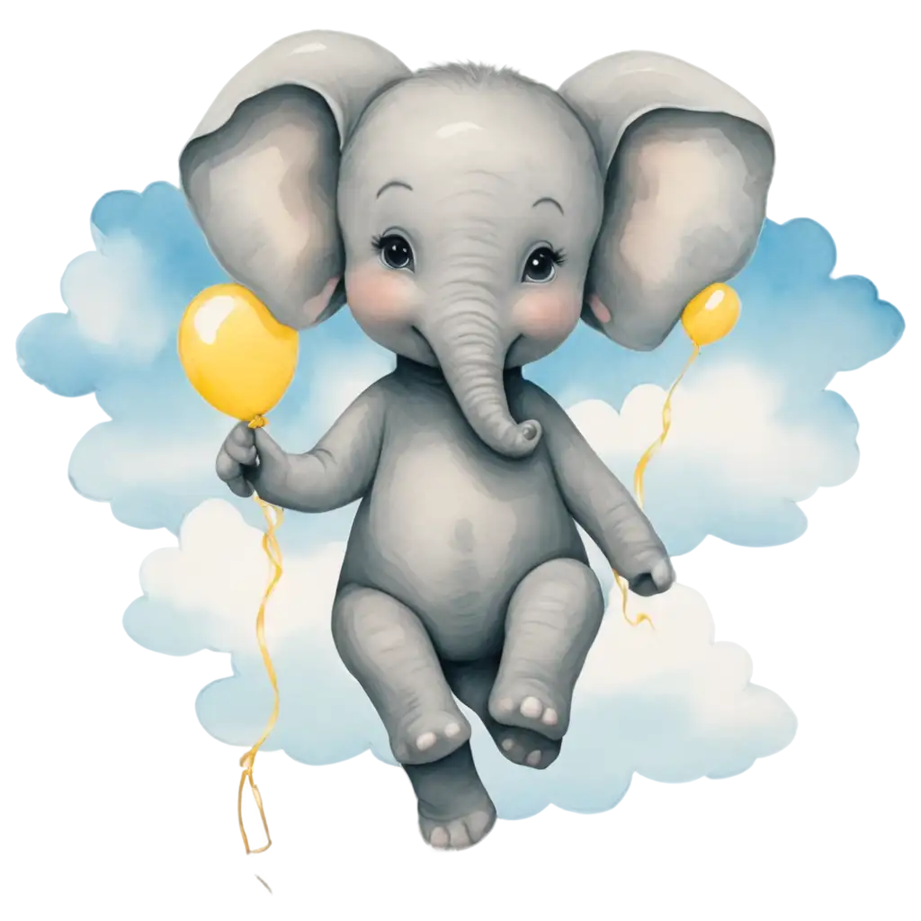 Adorable-Cartoon-Baby-Elephant-on-Cloud-with-Balloons-PNG-Image