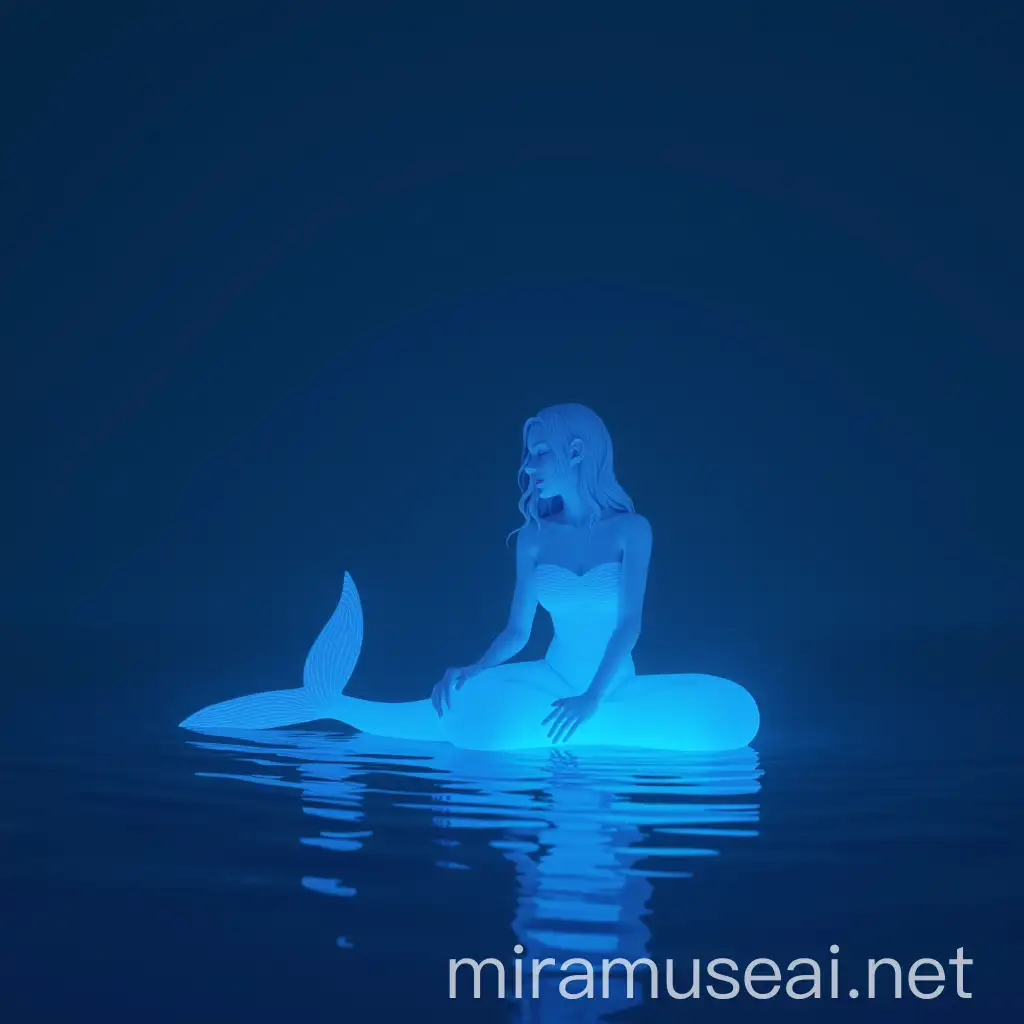 Minimal Mermaid Sitting in Midnight Ocean with Blue Digital Light Suit