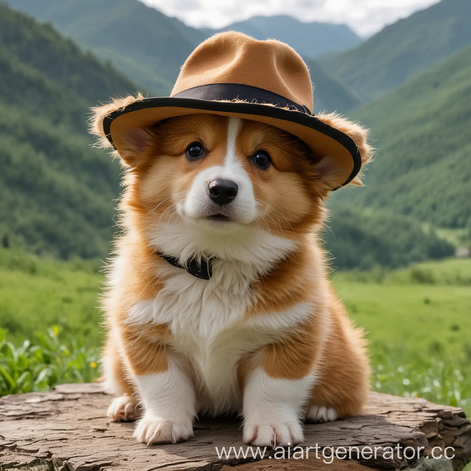 Grim-Corgi-Puppy-in-Black-Panama-Hat-Against-Green-Mountains