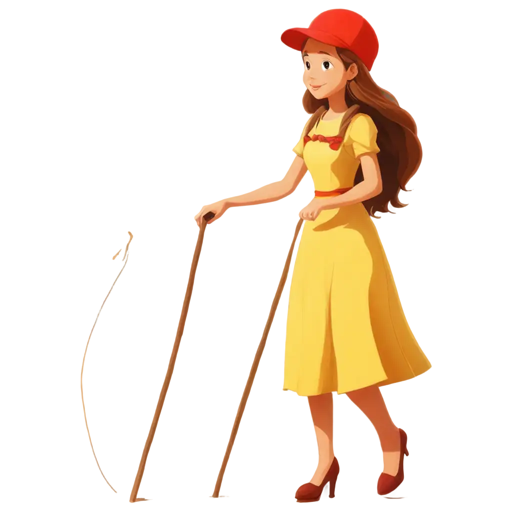 Animated-PNG-Image-of-a-Woman-in-a-Yellow-Dress-with-Red-Bonnet-Walking-HandDrawn-Style