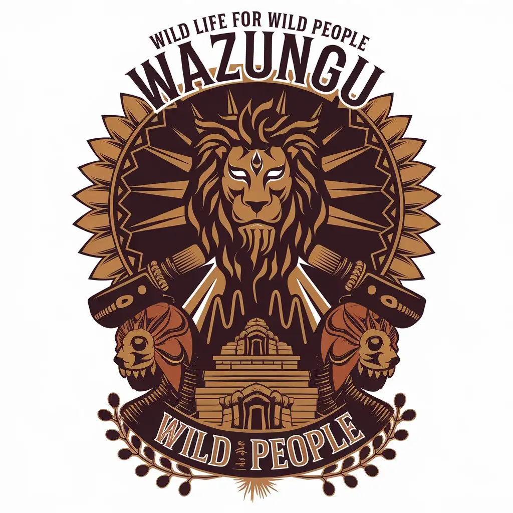 LOGO Design for WAZUNGU WILD LIFE FOR WILD PEOPLE Dark Spiritual Temple with Lion and African Mask Symbolism