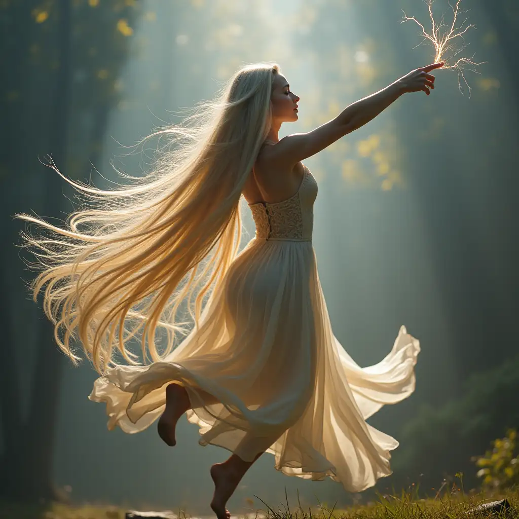 Incredibly detailed hyper-realistic photography: back-view full-body of 3meters-tall very-beautiful  blonde 25 years-old woman jumping spetacularly and emiting ray blast lightning from hand, super hyper very long enormous straight hair 2-meters-long big-hair like Rapunzel, serious, open mouth talking,  blonde goddess, very-long-enormous straight platinum hair like Rapunzel, two-meters long hair, very very very very long hair,  blue eyes, very-very-micro-smallmicrochest petitechest delicatesmallbosom, very tich tighs, muscular tighs, muscular legs, long legs, enormous blond hair flying with wind, blue eyes, unusual angle, eyesbrows so far from eyes, perfect face, full mouth, blue eyes, expressive face, expressive eyes, very big huge round rump.