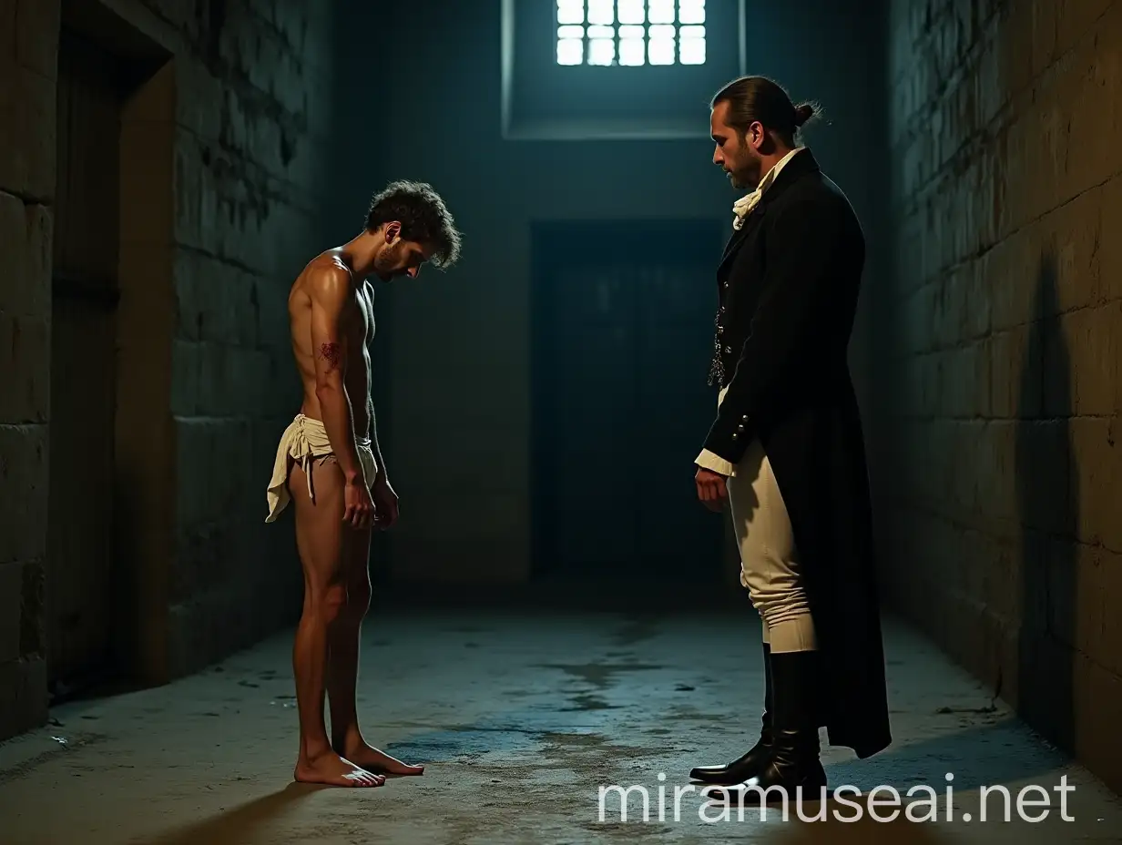 A low angle, full body shot of an extremely lean, handsome young man, about 18 years old, standing barefoot on a cold, dirty stone floor in a dimly lit, wide ancient vault. His body is positioned to the left, showing his right side, his head bowed humbly, gazing at the floor. His slender, delicate frame glistens with sweat, highlighting cuts and bruises across his skin. He wears a ragged, torn and ripped loincloth, thin with age, barely covering his dirty and injured body. His expression is desperate and fearful, accentuating his vulnerability. Opposite him stands a powerful nobleman, dressed in a pristine Regency-era outfit, his tailored black tailcoat with silver buttons perfectly fitted over a white waistcoat. His cravat is neatly tied around his neck, and he wears finely pressed breeches tucked into polished black boots. White stockings, along with a gleaming pocket watch, complete his look, representing wealth and authority. The contrast is stark—his face exudes disdain, casting a dominating presence as he gazes down at the young man. The damp prison walls, thick with dust, dirt, and cobwebs, heighten the oppressive atmosphere. Faint light filters through a small grated window, casting dramatic shadows across the scene. The dramatic interplay of light and shadow focuses on extreme realism, capturing the suffering of the young man and the harshness of his environment, with vivid colors and meticulous attention to every agonizing detail. Shot with a Nikon Z7 II, 50mm f/1.4 lens, shallow depth of field.