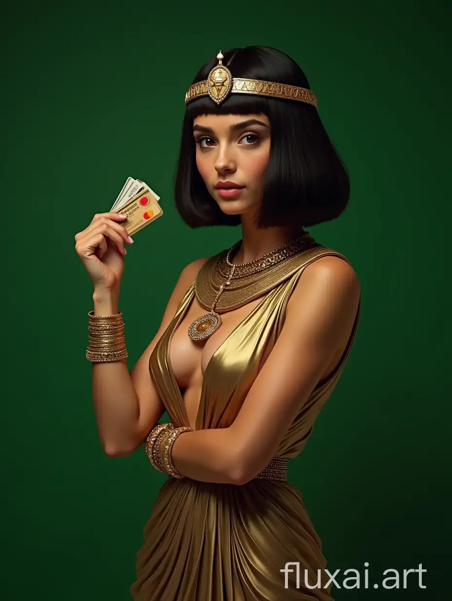 egyptian queen, bob cut hair, with egyptian crown, egyptian jewellery, deep neckline, bank credit mastercard cards in right hand, left hand on the waist, looking at the camera, standing half-sideways, green background, realistic