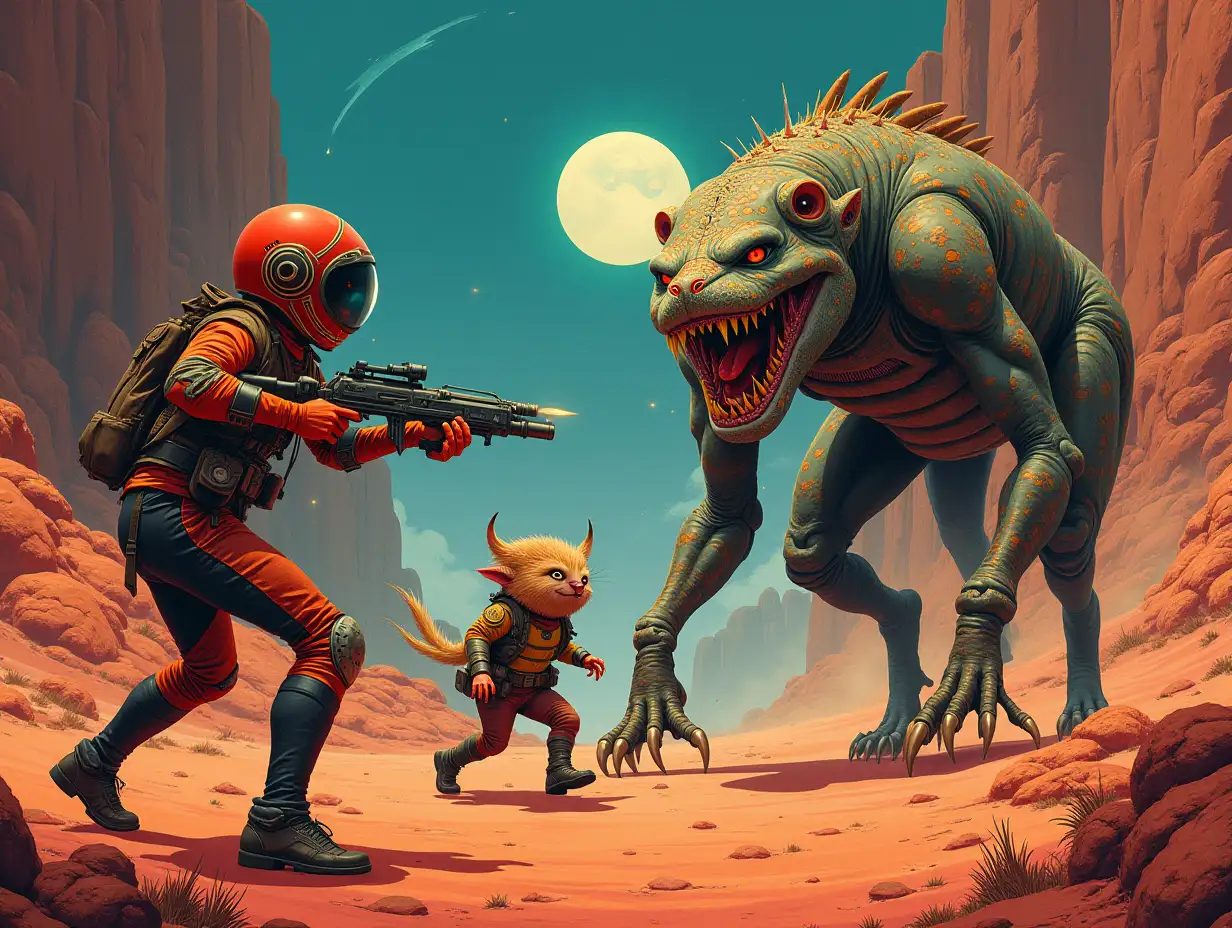 Create a vibrant, dynamic sci-fi illustration in the style of Kelly Freas, set on an alien planet with rusty red sands and sparse, low brush. In the background, an ancient, iced-over artificial canal glistens under a dim, alien sun. A ferocious, 6-legged native carnivore, 3 feet tall, with mottled fur, short sharp teeth, and gleaming scimitar claws, charges aggressively toward two teenage boys. The boys wear ornate, decorated helmets and skintight pressure suits with intricate patterns, exuding a retro-futuristic vibe. Between them stands a small, 3-legged furball creature, its eye-stalks raised in shock, fur bristling. One teen, with a determined expression, draws a sleek hand blaster and fires, hitting the carnivore’s front legs, causing it to stumble mid-charge. The scene is filled with tension and vivid color, capturing Freas’ signature blend of detailed textures, dramatic action, and retro sci-fi flair.