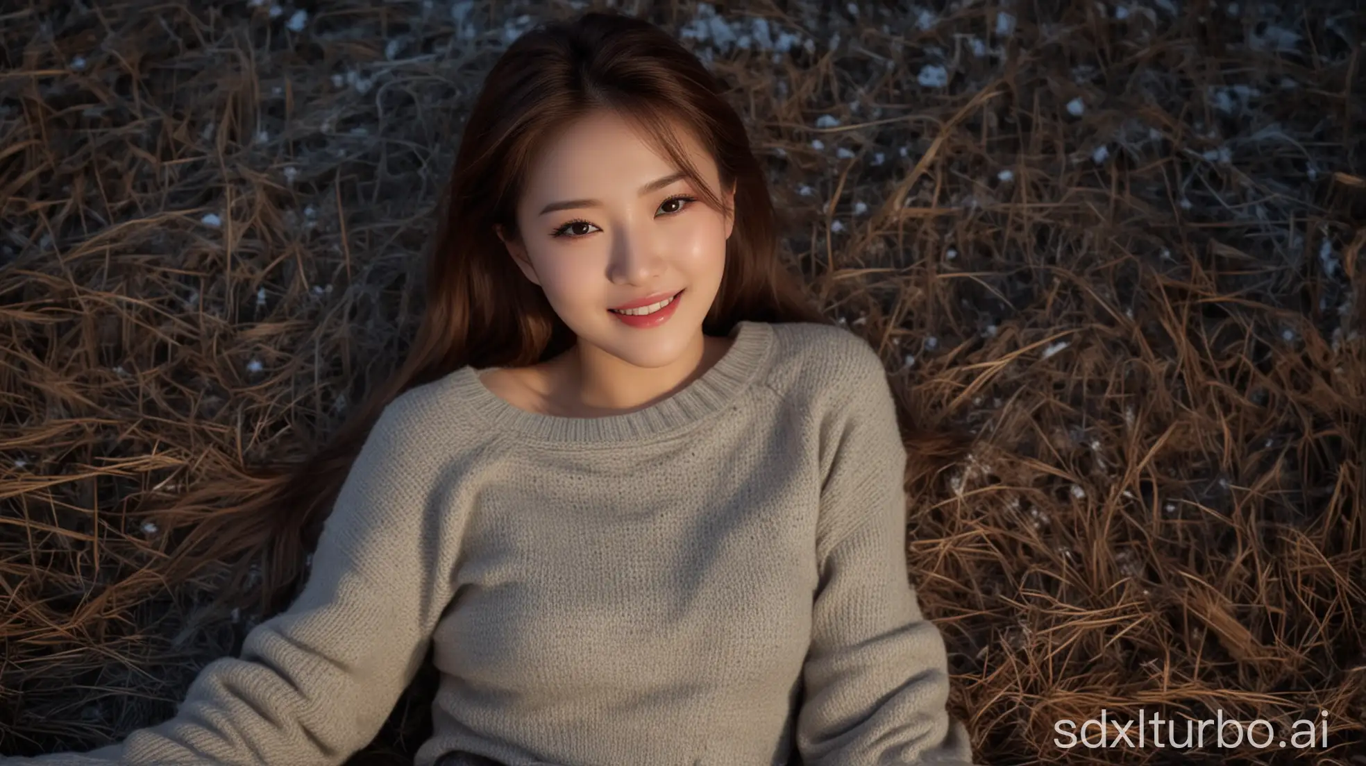 Chinese-Beauty-with-Sweet-Smile-in-Winter-Night-Lying-on-Prairie