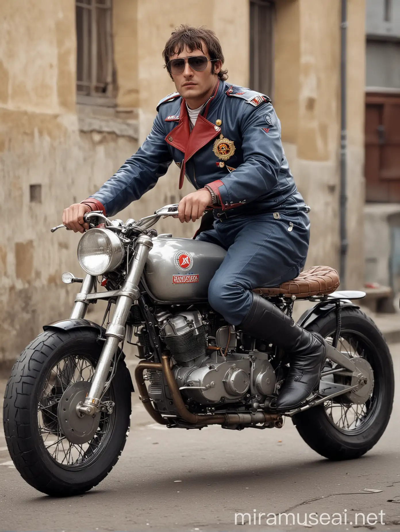 Napoleon Riding a Stylish Sixties Caferacer Motorcycle