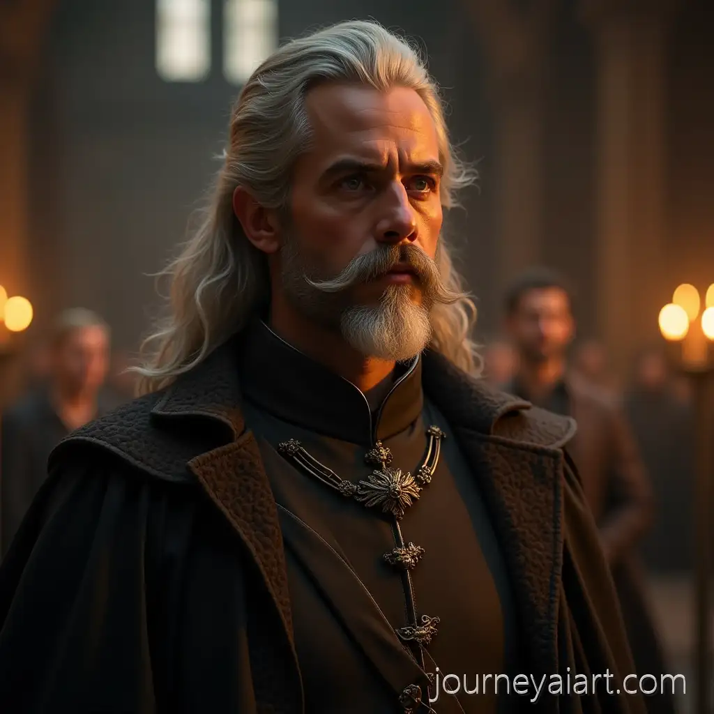 SilverHaired-Nobleman-Standing-in-Flickering-Great-Hall-Light