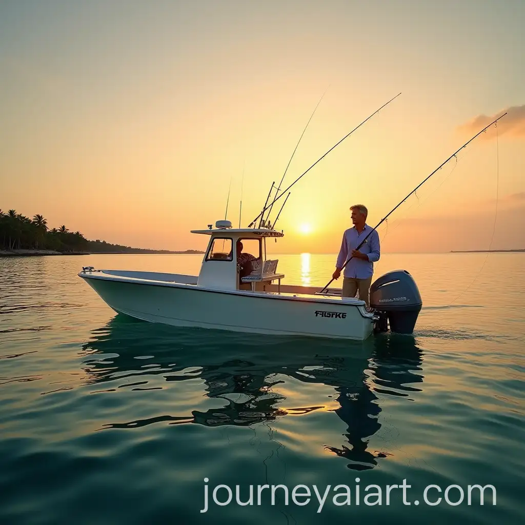 Modern-Fishing-Boat-at-Sunset-on-Nosy-Be-Madagascar-with-Smiling-Fisherman
