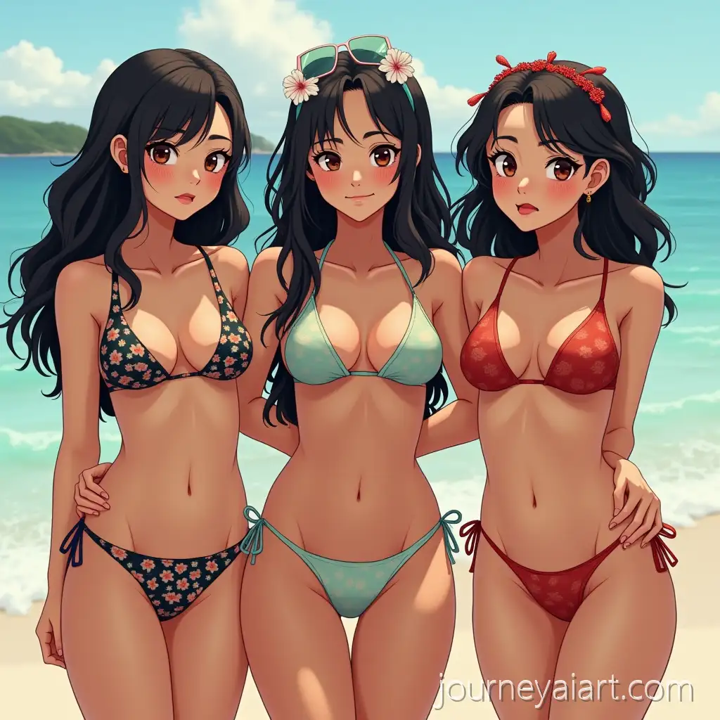 Three-Young-JapaneseHawaiian-Women-in-Bikinis-Enjoying-Beach-Friendship
