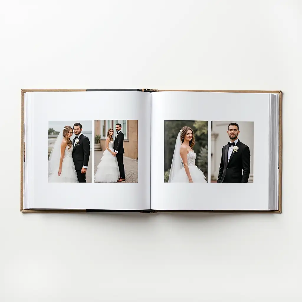 Make a book with a few grids of photos of a bride and groom on a white background.