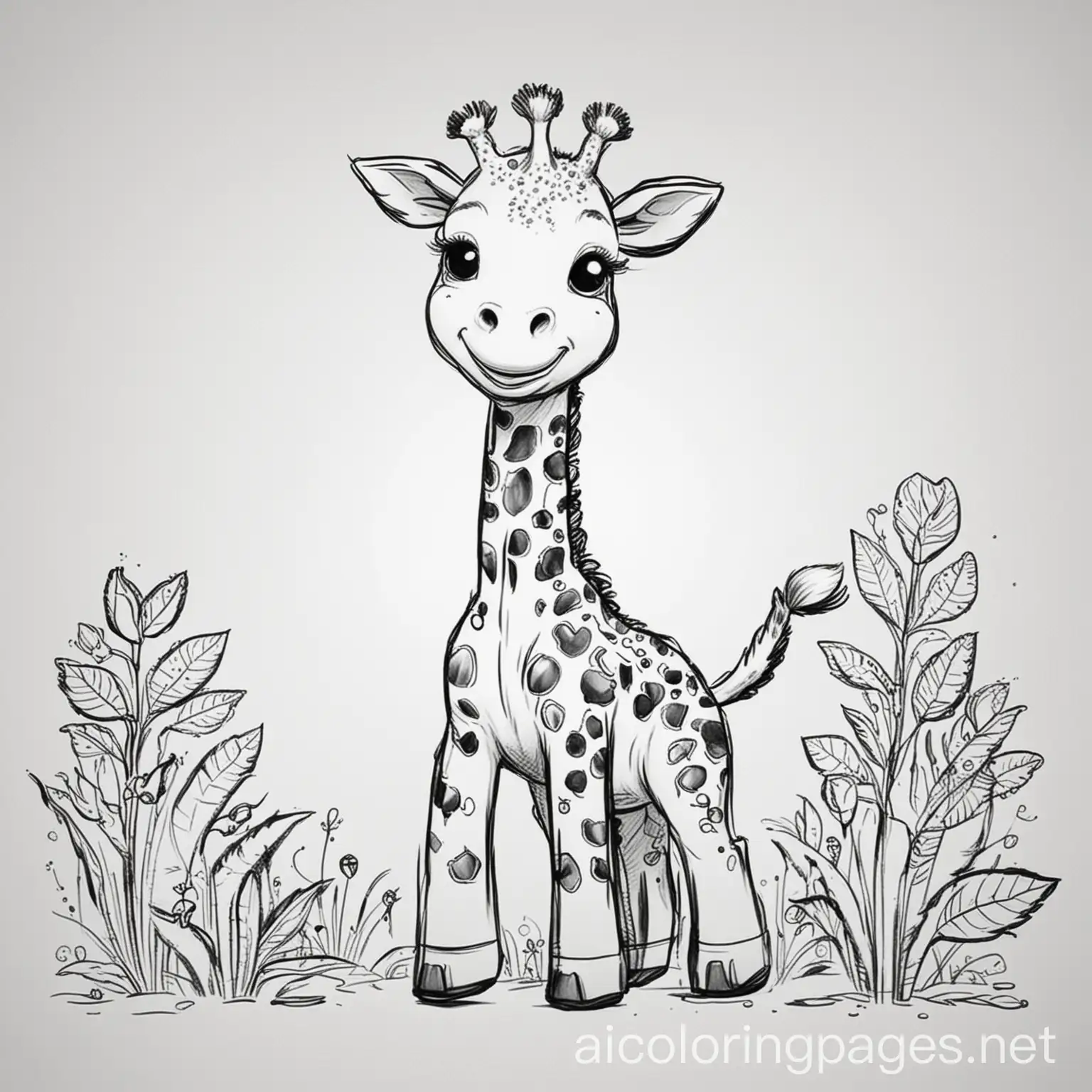 cute happy smiling Giraffe baby black and white for colouring for children, Coloring Page, black and white, line art, white background, Simplicity, Ample White Space. The background of the coloring page is plain white to make it easy for young children to color within the lines. The outlines of all the subjects are easy to distinguish, making it simple for kids to color without too much difficulty, Coloring Page, black and white, line art, white background, Simplicity, Ample White Space. The background of the coloring page is plain white to make it easy for young children to color within the lines. The outlines of all the subjects are easy to distinguish, making it simple for kids to color without too much difficulty, Coloring Page, black and white, line art, white background, Simplicity, Ample White Space. The background of the coloring page is plain white to make it easy for young children to color within the lines. The outlines of all the subjects are easy to distinguish, making it simple for kids to color without too much difficulty