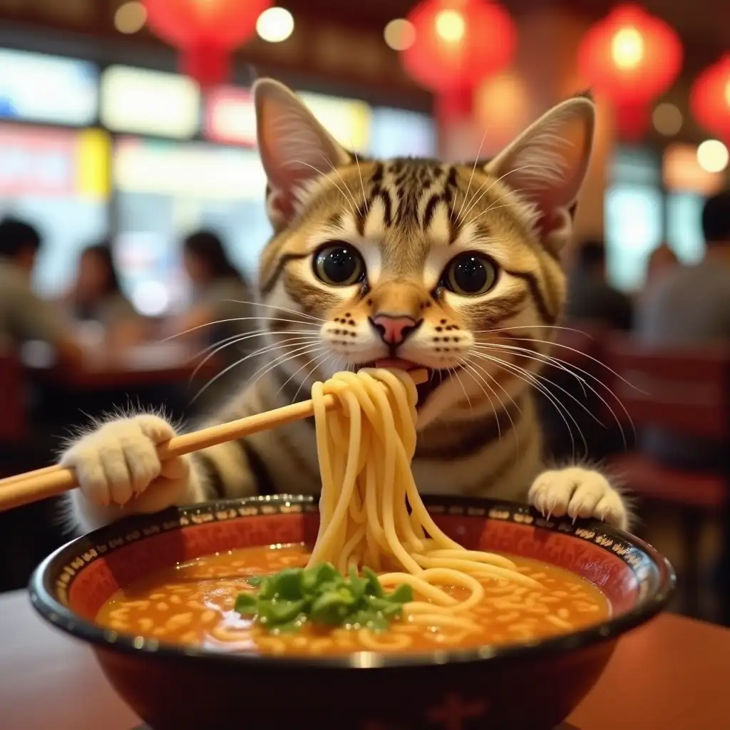 Close-up of a curious cat eating ramen with a chopstick, intertwined noodles. In a crowded and bright Chinese restaurant, with detailed decorations in the background. Happy, unique.