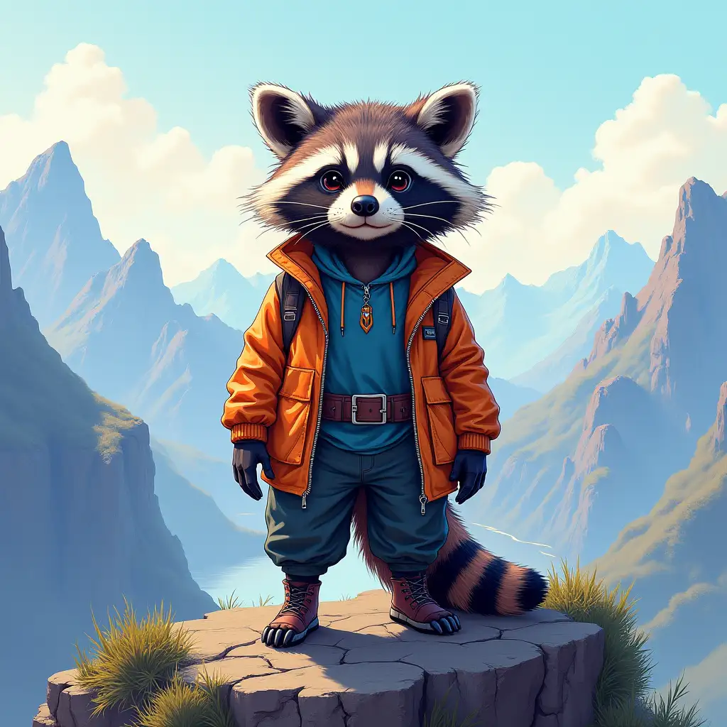 cute raccoon in cyberpunk style costume, detailed drawing, realism, stands on top of a mountain where opens up amazing breathtaking view, bright saturated colors, contrast