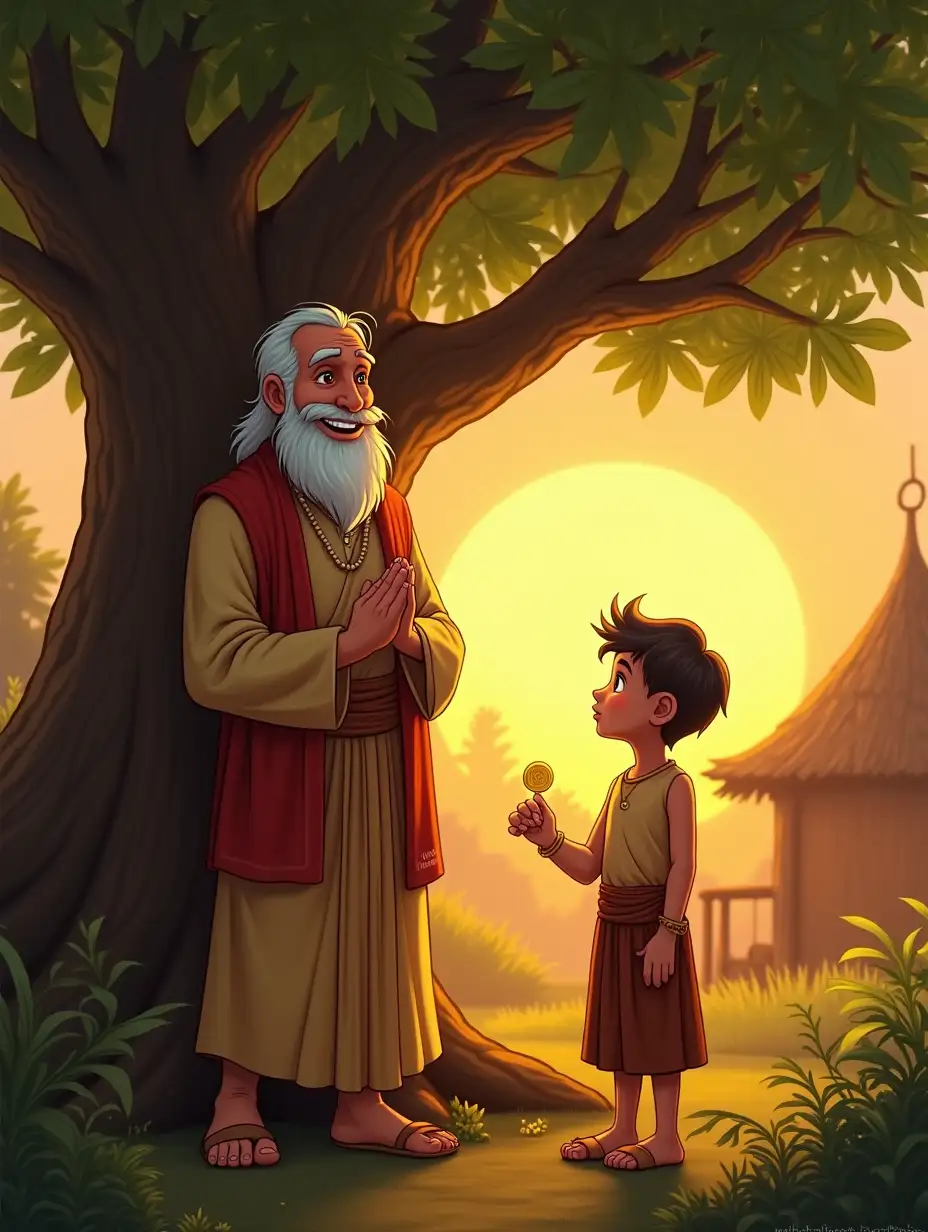 An old wise man, smiling proudly with folded hands, standing under a giant banyan tree in a peaceful village. In front of him, the young boy stands, holding a small golden coin from the treasure, his eyes filled with newfound wisdom. The sunrise in the background symbolizes a new beginning.