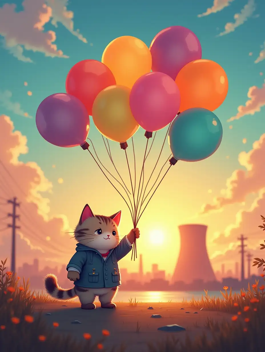 kawaii positive chibi fluffy happy cat kawaii positive chibi fluffy happy cat mechanical engineer they holds balloons by strings in the form of electric bulbs glowing in different colors, in the background a nuclear power plant in the rays of sunset with a soft halo of magical glow and a sense of celebration, paint in anime style