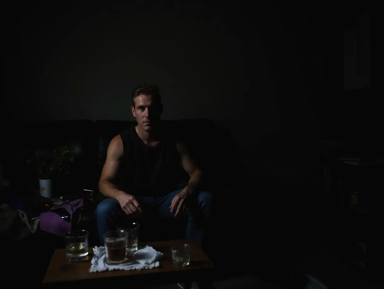 man sitting alone on a couch in a dark, cluttered room, surrounded by half-filled glasses and personal items. The room is dimly lit, with heavy shadows