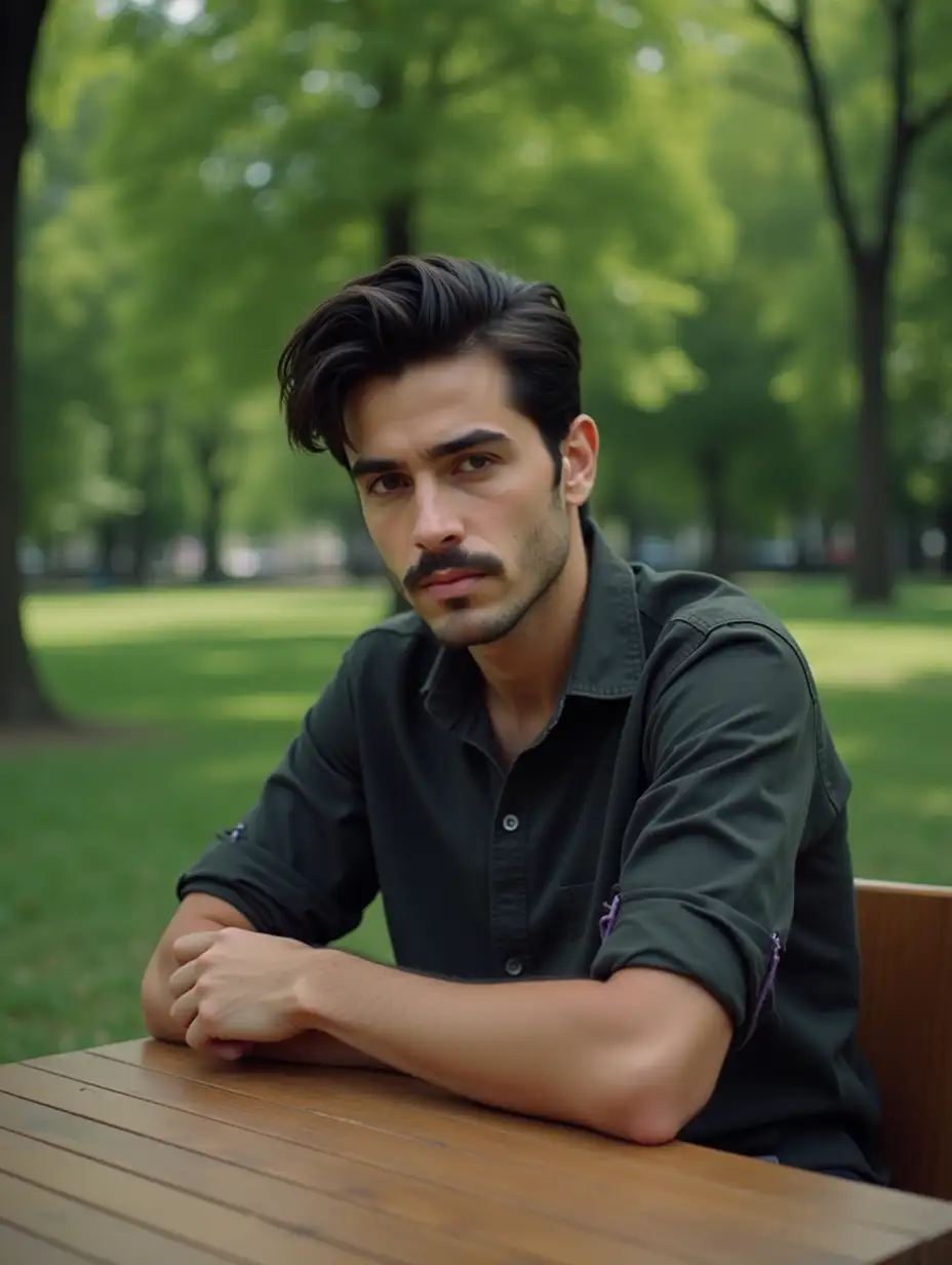 user_prompt: A young adult man with dark hair and a thin mustache, looking directly at me with a serious expression, is sitting on a chair in front of a table. The background is a lush green park.