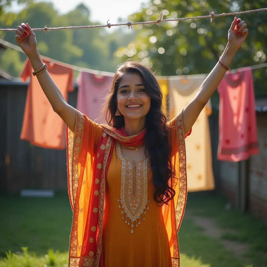 beautiful pakistani girl at home hanging clothes on wire in house yard