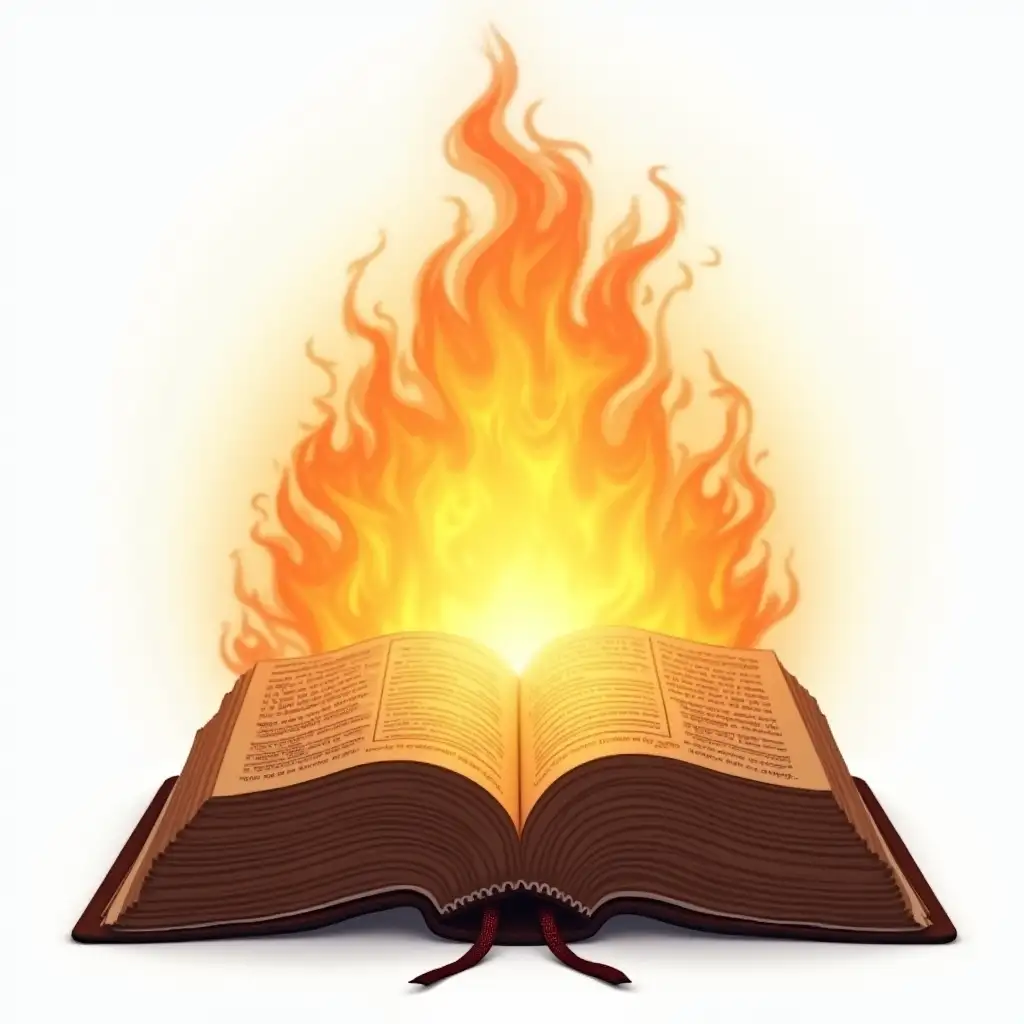 Create a Bible coming out of fire with white background