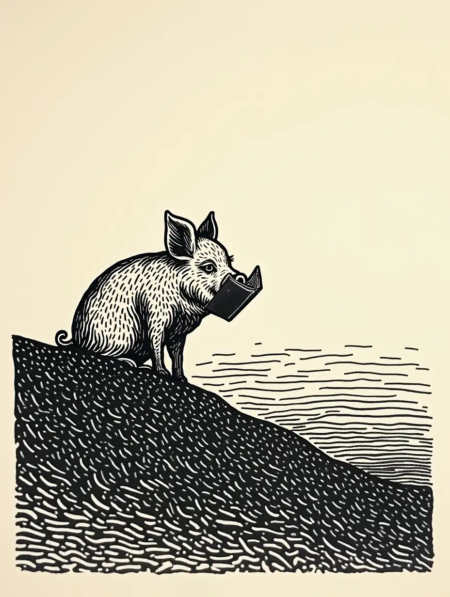 Pig Reading Book in Linocut Art Illustration