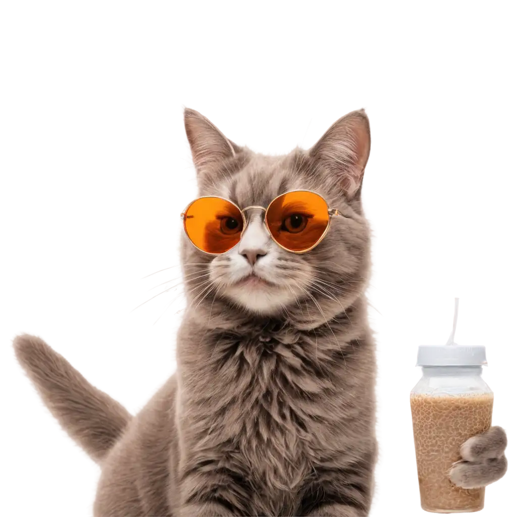 cat wearing round/circular sunglass, sipping juice