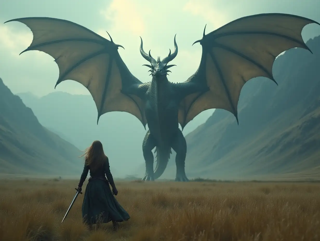 Epic-Battle-Between-Female-Warrior-and-Massive-Dragon-in-Majestic-Mountain-Landscape