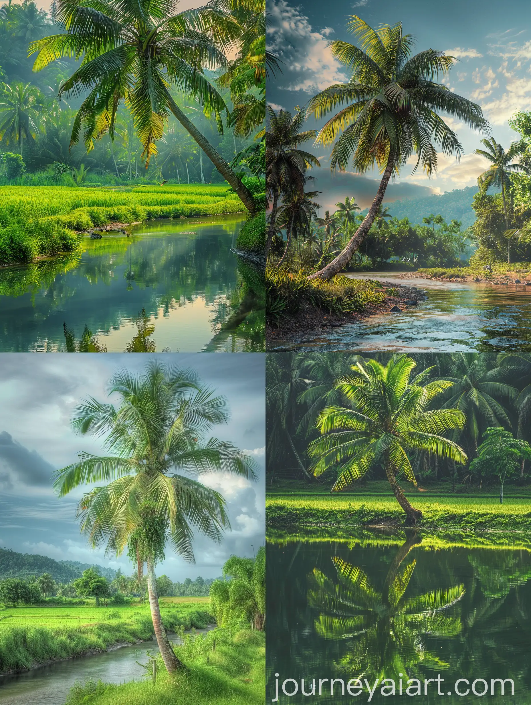 Scenic-Coconut-Tree-with-River-Reflections-and-Paddy-Fields-Landscape