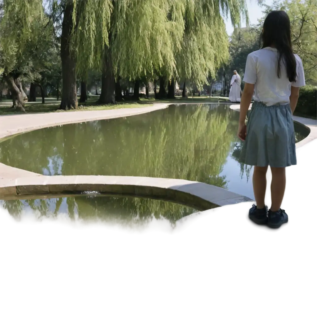 Young-Girl-at-Fountain-Seeing-Reflection-Beside-Willow-Tree-with-Scary-Shadow-PNG-Image